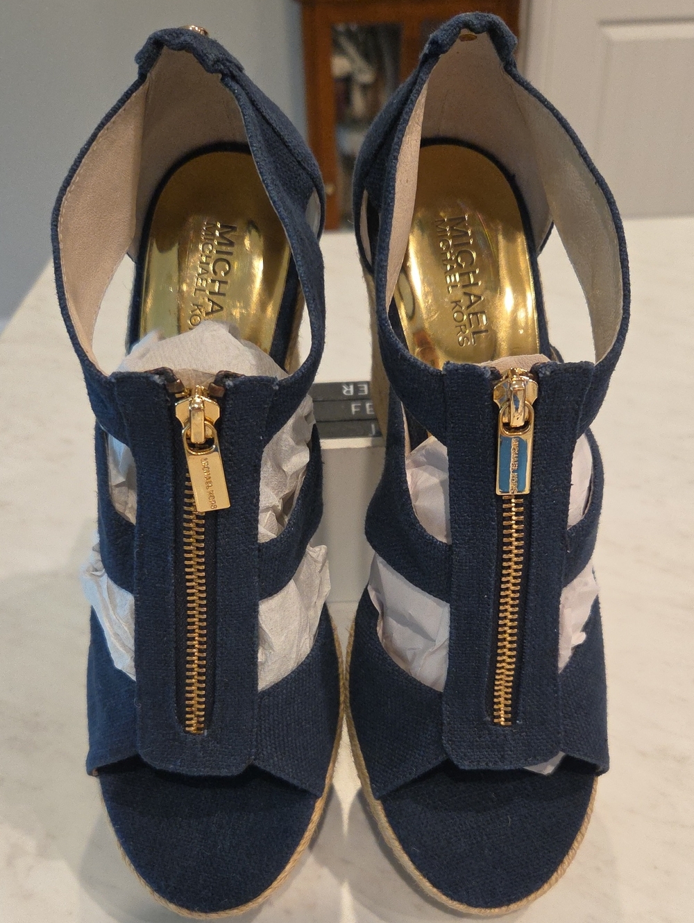 Michael Kors Navy Canvas Zip-Front Wedge Sandals
